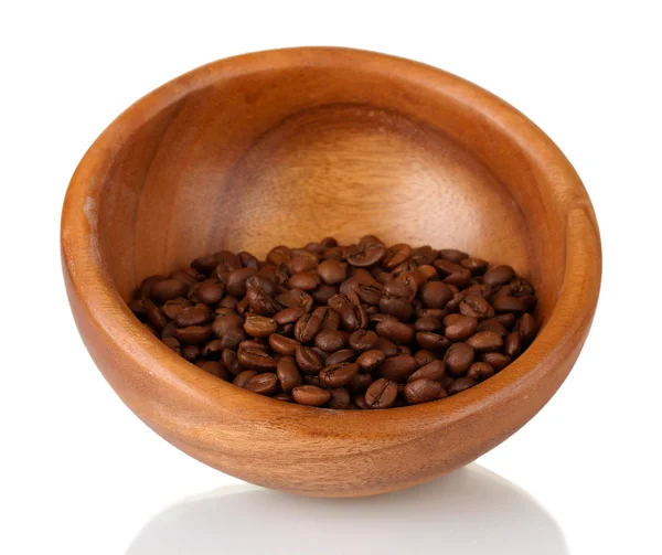 Coffee beans in wooden bowl isolated on white — Stock Photo, Image