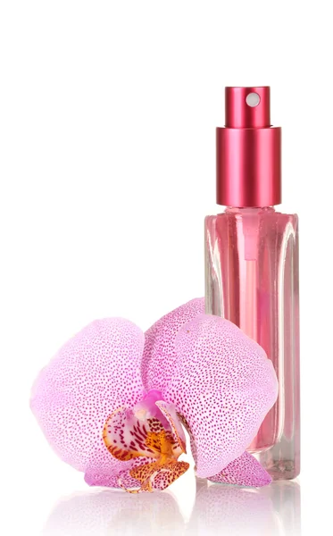 Frauenparfüm in schöner Flasche und Orchideenblüte, isoliert auf weiß — Stockfoto