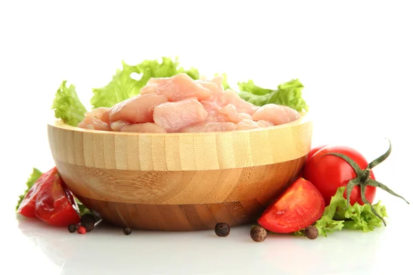 Raw chicken meat in wooden bowl, isolated on white — Stock Photo, Image