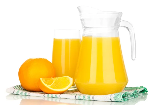 Full glass and jug of orange juice and oranges isolated on white — Stock Photo, Image