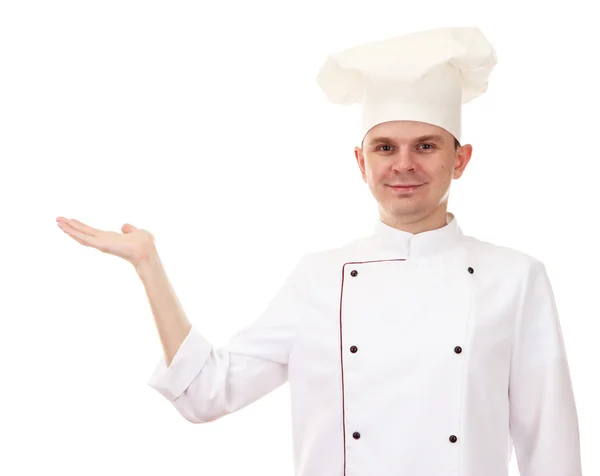 Portrait of chef holding something on his palm isolated on white — Stock Photo, Image