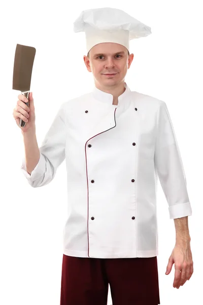 Retrato de chef com faca isolada em branco — Fotografia de Stock