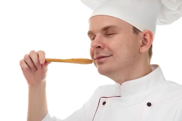 Porträtt av kock med sked isolerad på vit — Stockfoto