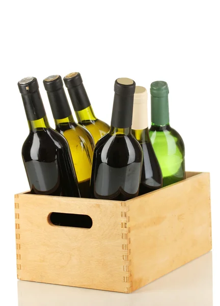 Wine bottles in wooden box isolated on white — Stock Photo, Image
