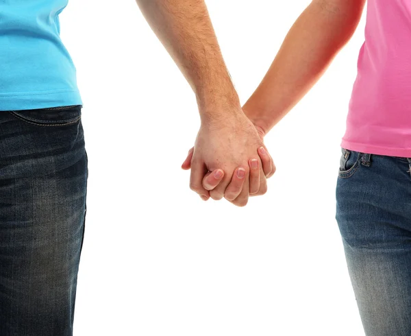 Verliefde paar hand in hand geïsoleerd op wit — Stockfoto