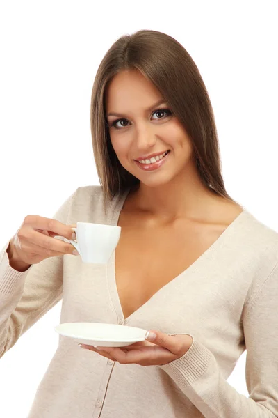 Beautiful young woman with cup of coffee, isolated on white Royalty Free Stock Images