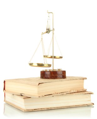 Adalet ve üzerinde beyaz izole kitap Altın pul