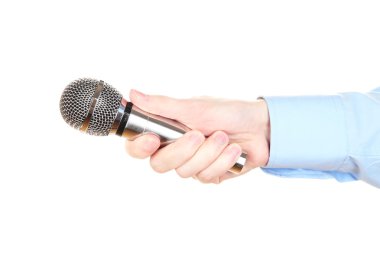 Erkek el ile üzerine beyaz izole mikrofon