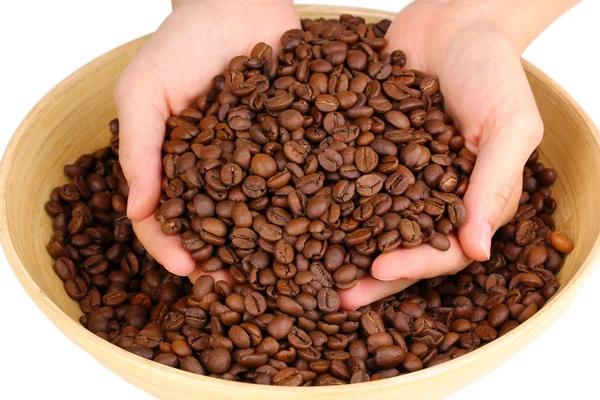 Coffee beans in hands isolated on white — Stock Photo, Image