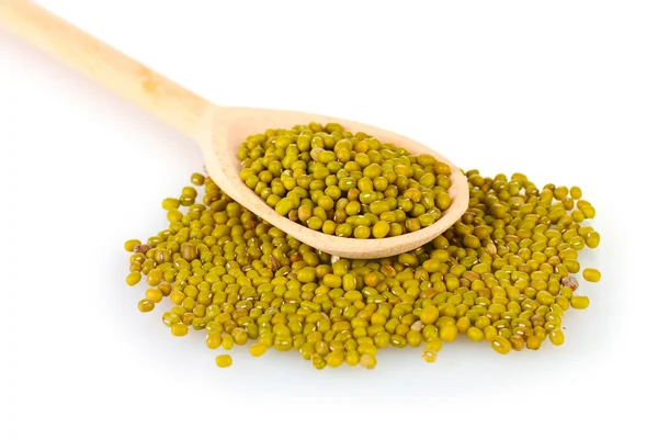 Mung beans over wooden spoon isolated on white — Stock Photo, Image