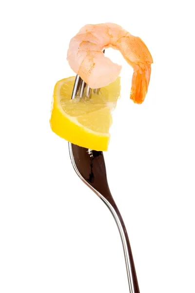 Shrimp on a fork isolated on white — Stock Photo, Image