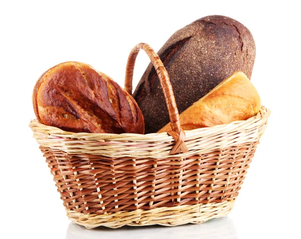 Fresh bread in basket isolated on white — Stock Photo, Image