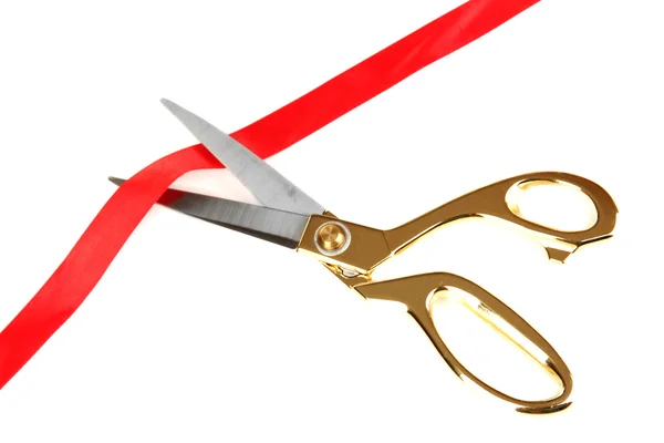 Cutting red ribbon isolated on white — Stock Photo, Image