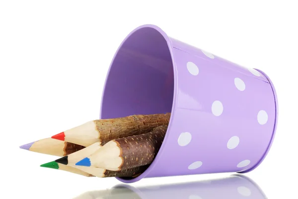 白で隔離される紫色の緑のバケツでカラフルな木製の鉛筆 — ストック写真
