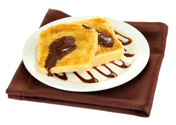 Torrada de pão branco com chocolate no prato, isolada em branco — Fotografia de Stock