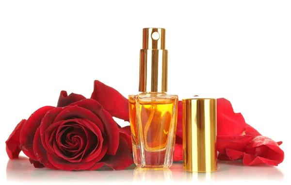 Women's perfume in beautiful bottle with rose isolated on white — Stock Photo, Image