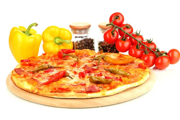 Tasty pepperoni pizza with vegetables on wooden board isolated on white Royalty Free Stock Photos