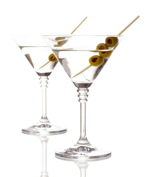Martini glasses and olives isolated on white — Stock Photo, Image