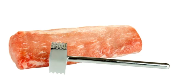 Raw pork with a meat hammer isolated on white — Stock Photo, Image