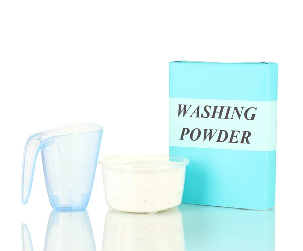Box of washing powder with blue measuring cup, isolated on white — Stock Photo, Image
