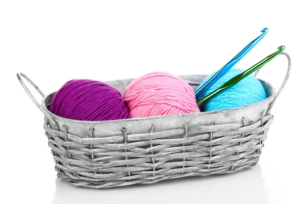 Bright threads for knitting in basket isolated on white — Stock Photo, Image