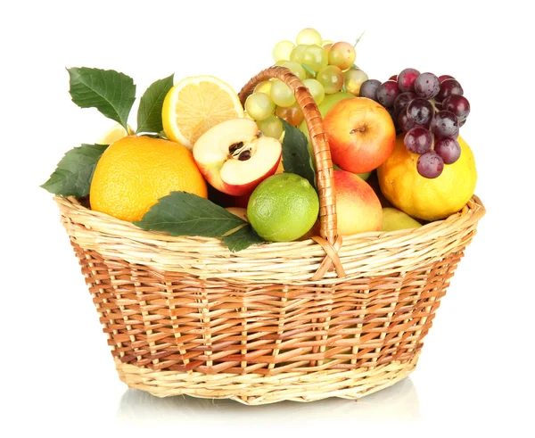Assortment of exotic fruits in basket, isolated on white — Stock Photo, Image