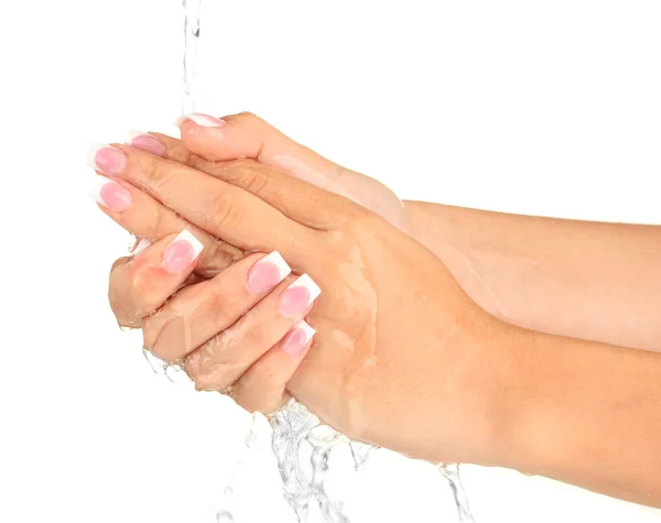 Wassen van de handen van de vrouw op witte achtergrond close-up — Stockfoto
