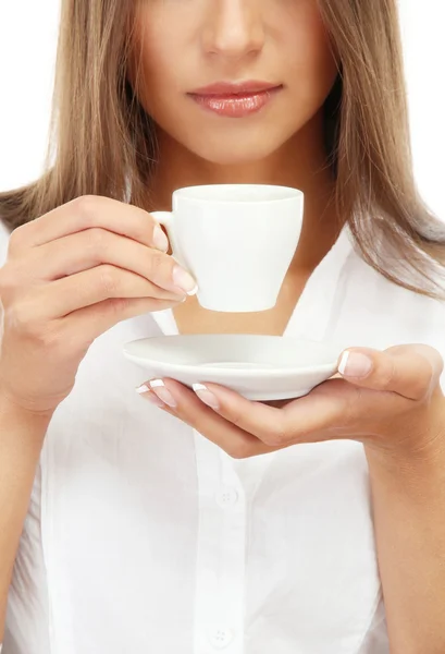 Beautiful young woman with cup of coffee, close up — Stock Photo, Image