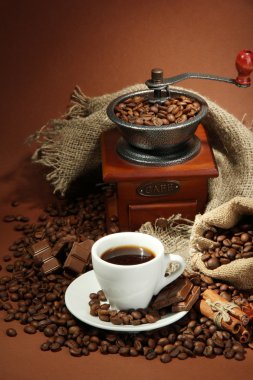 fincan kahve değirmeni, turk ve kahverengi zemin üzerine kahve çekirdekleri