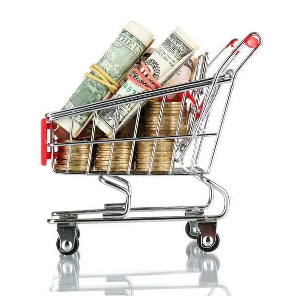 Shopping trolley with dollars and Ukrainian coins, isolated on white — Stock Photo, Image