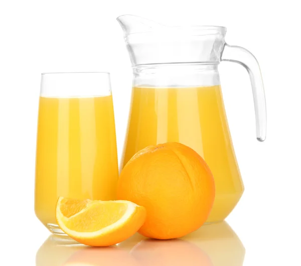 Full glass and jug of orange juice and oranges isolated on white — Stock Photo, Image