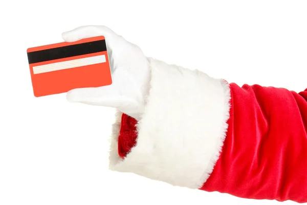 Santa Claus hand holding red credit card isolated on white — Stock Photo, Image