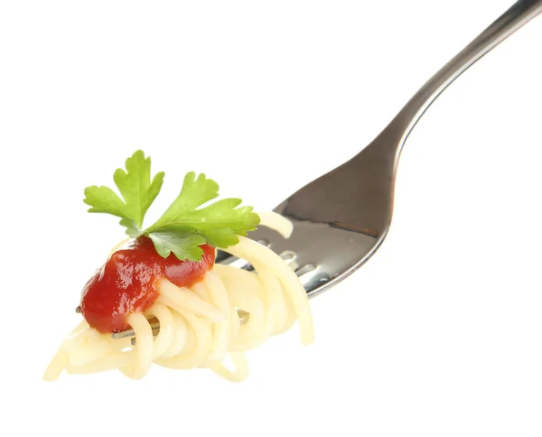 Delicious spaghetti on fork close-up on white background — Stock Photo, Image