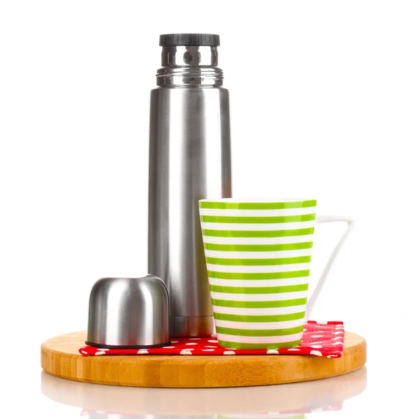 Metal thermos with cup on wooden board isolated on white — Stock Photo, Image