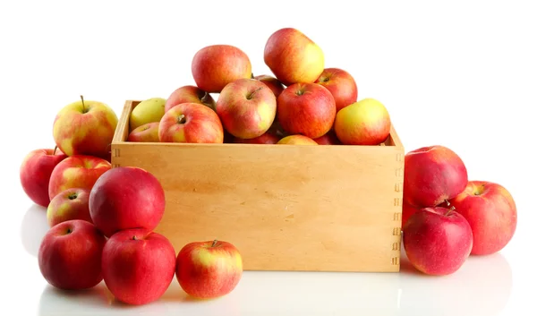 Sappige appels in houten kist, geïsoleerd op wit — Stockfoto