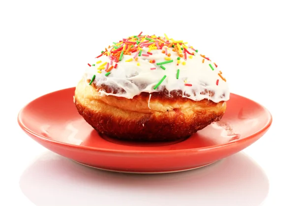 Tasty donut on color plate isolated on white — Stock Photo, Image