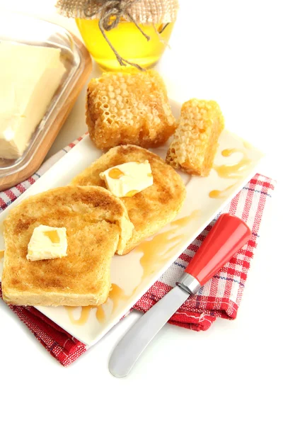 White bread toastwith honey on plate, isolated on white — Stock Photo, Image