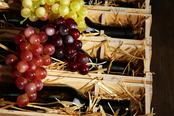 Holzkoffer mit Weinflaschen in Nahaufnahme — Stockfoto