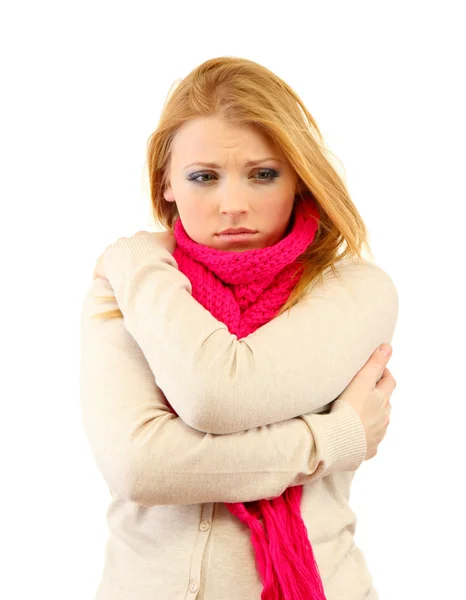 Jonge mooie vrouw winter kleding dragen op koude wind, geïsoleerd op wit — Stockfoto