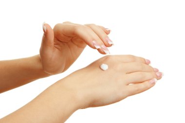 güzel kadın el kremi, üzerinde beyaz izole