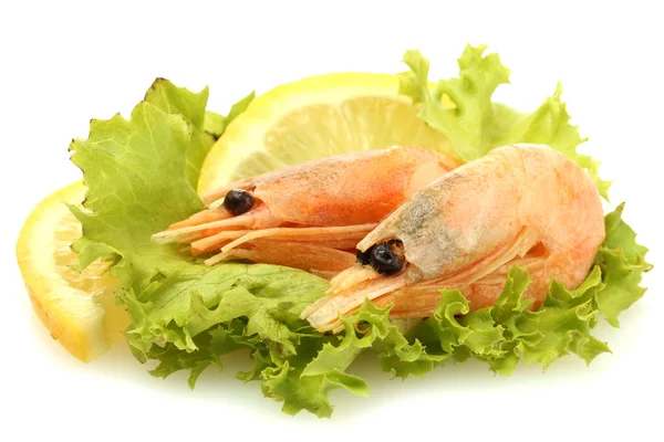 Boiled shrimps on lettuce leaves with lemon, isolated on white — Stock Photo, Image