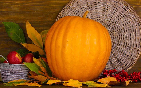 Excellent autumn still life with pumpkin on wooden table on wooden background — Stok fotoğraf