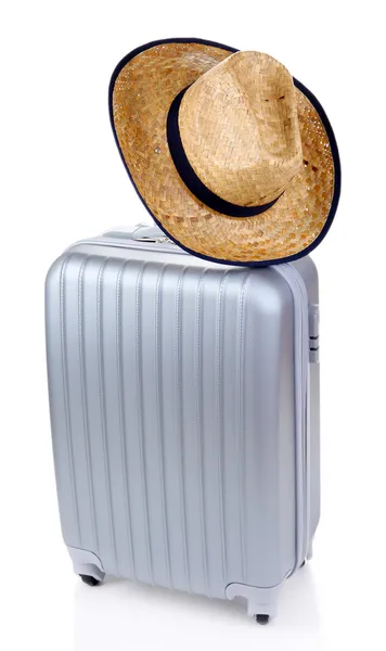 Valise argentée avec chapeau femme isolé sur blanc — Photo