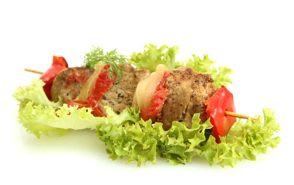 Tasty grilled meat and vegetables on skewer, isoalted on white — Stock Photo, Image