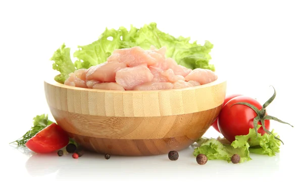 Raw chicken meat in wooden bowl, isolated on white — Stock Photo, Image