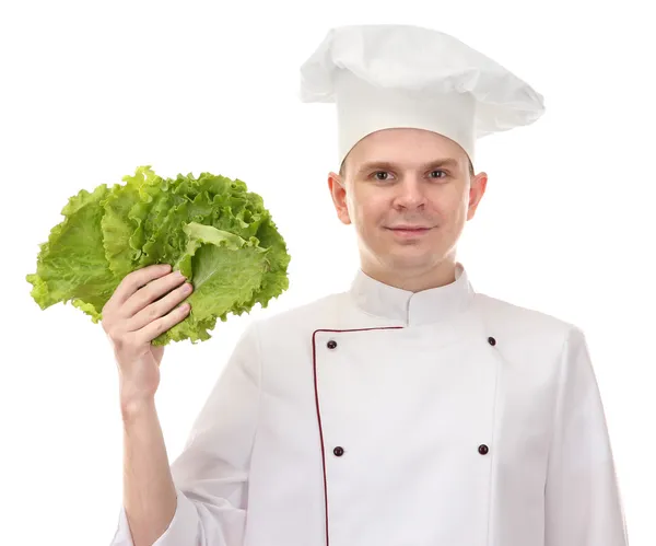 Retrato de chef con lechuga aislada sobre blanco — Foto de Stock