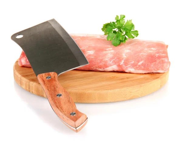 Pork with a meat hatchet isolated on white Stock Picture