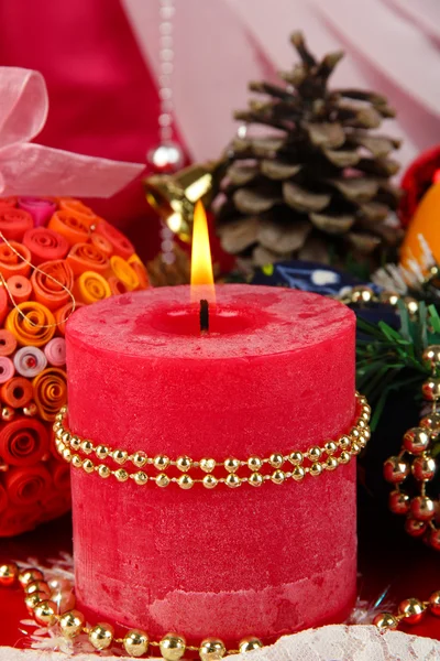 Christmas candle on serving Christmas table background close-up — Stock Photo, Image