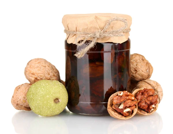 Bank of jam walnuts isolated on white background — Stock Photo, Image