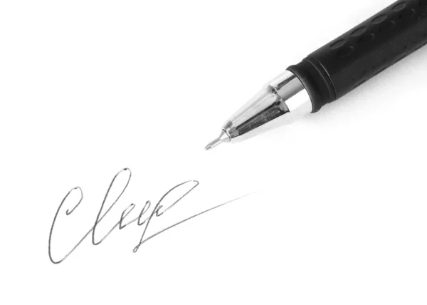 Closeup of signature (fake, not real) and pen, isolated on white — Stock Photo, Image
